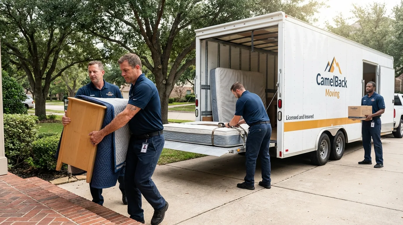 Crew loading residential truck for cross-state move from San Joaquin, CA