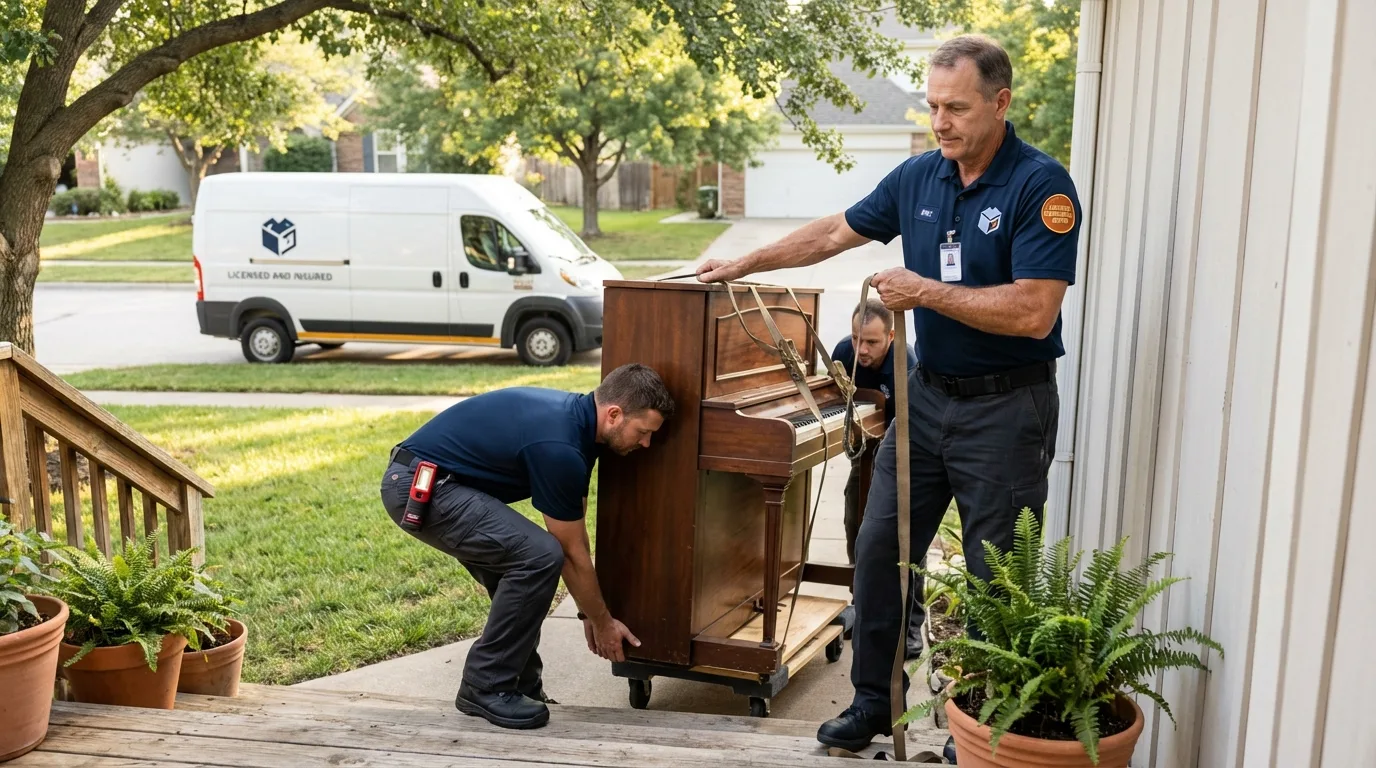 Licensed piano movers securing grand piano in San Joaquin, CA