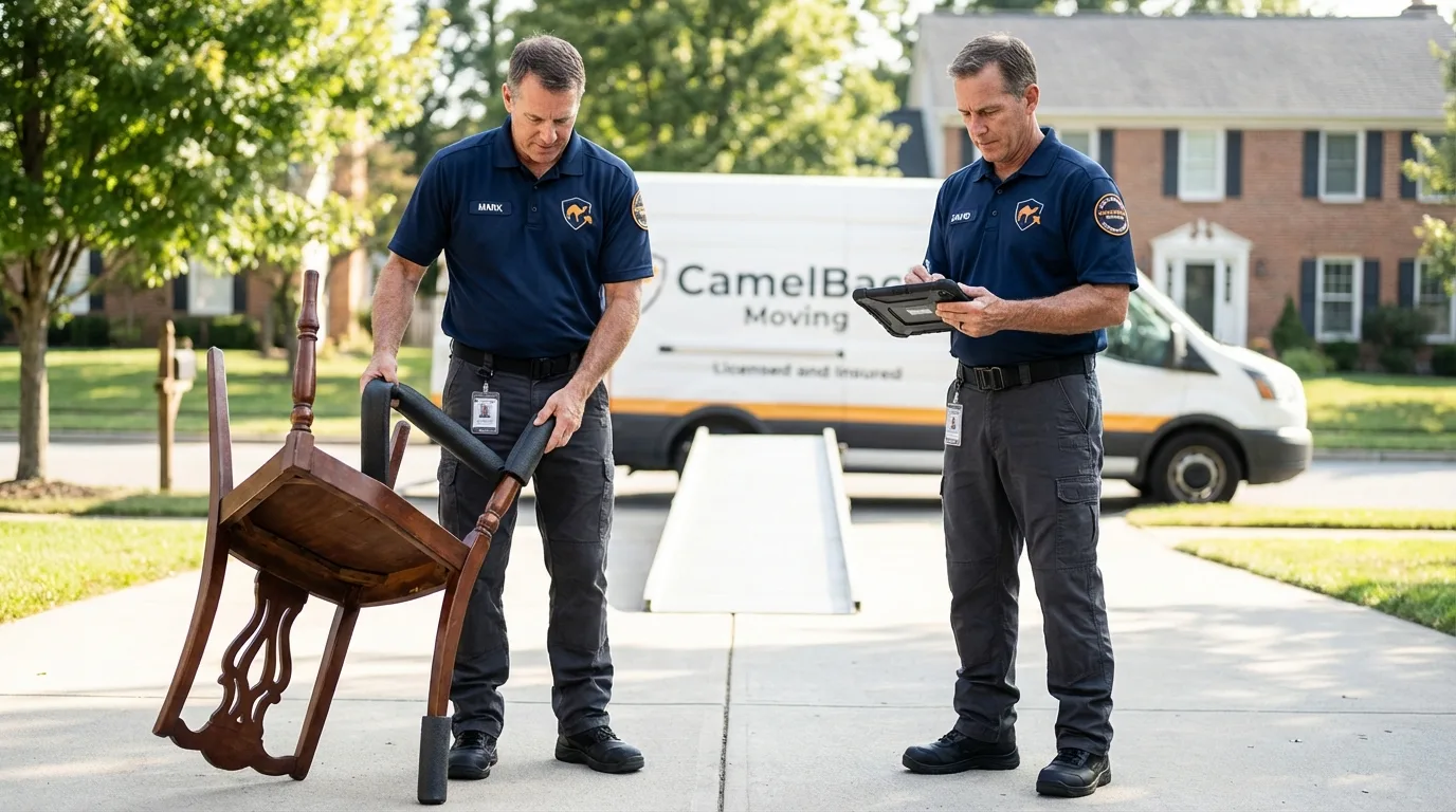 Movers inspecting furniture for damage prevention before loading in San Joaquin, CA