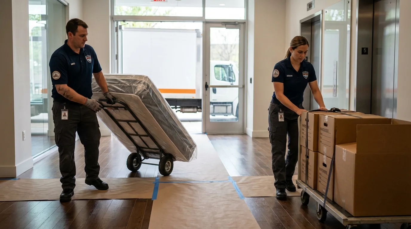 Professional apartment movers loading elevator in San Joaquin, CA