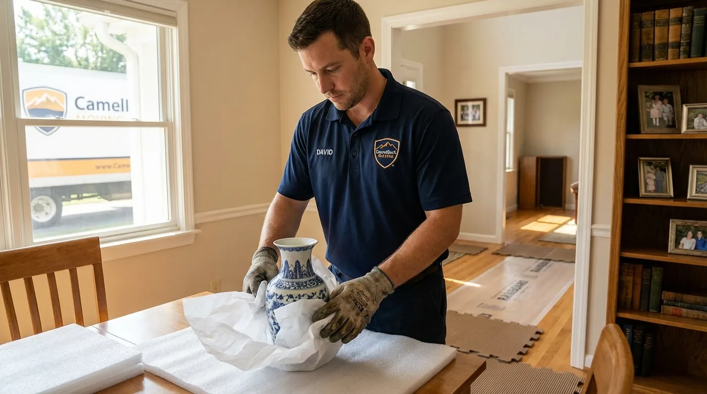 Professional crew carefully wrapping antique vase for senior downsizing move in San Joaquin, CA