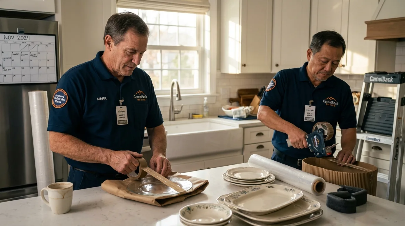 Professional crew packing kitchen dishware in San Joaquin, CA